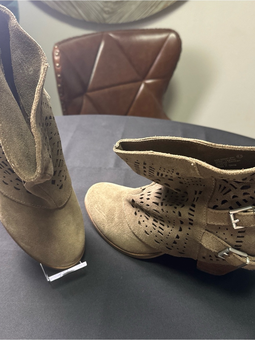 Not Rated Perforated Suede Ankle Booties in Taupe Brown
